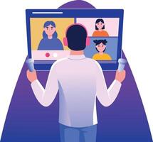 A character doing virtual meeting with his colleagues, flat style illustration vector