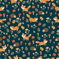 Seamless pattern with cute foxes and hedgehogs, mushrooms abd leaves. Children's pattern for clothes. vector