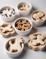 background shaped design banner different white set bone cookies feeding bowls dog photo