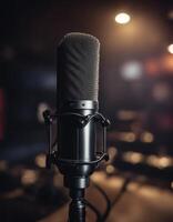 microphone dark recording sound copy banner space studio mic music audio background black equipment podcast sing racked photo