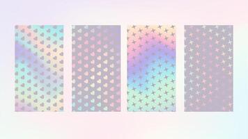 Neon iridescent backgrounds with patterns of hearts and stars. Gradient halogram, pastel trend background. template for design vector