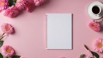 feminine mockup pen clean clipboard flowers book blossom et flat beauty papers background business lay style notepad tone space desk copy blank workspace text pink photo