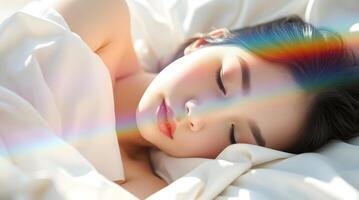 Serene Woman Sleeping Soft White Sheets Rainbow Glow photo