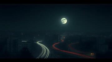 Full Moon Over City Skyline at Night with Car Light Trails photo