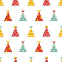 party hats seamless pattern. Cute party caps pattern on white background. Print with birthday party cones. vector