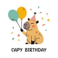 capy birthday greeting card. Postcard with cute happy capybara with air balloons in flat design. Festive poster. Greeting card illustration with smiling capybara in party hat and confetti. vector