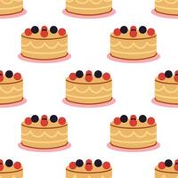 cute birthday seamless pattern with cake with berries. Festive celebration sweet food pattern on white background. Print with sweet cake. Bakery wrapping design. vector