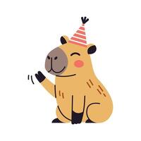 Happy cute capybara celebrating a birthday with gift. Funny cartoon capybara character, perfect for greeting cards and stickers. vector