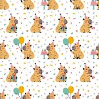 Happy birthday party seamless pattern with cute capybaras. print with funny amusing capybara characters celebrating birthday. Childish baby adorable animals pattern on white background. vector