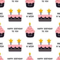 cute celebration seamless pattern with birthday cakes. Festive sweet food pattern on white background. Print with sweets, happy birthday and make a wish text. Celebration wrapping design. vector