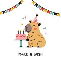 happy birthday greeting card with make a wish text. Poster with cute capybara and bunting flags in flat design. Festive postcard. Greeting card illustration with cute capybara. vector