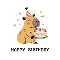 happy birthday greeting card with capybara. Poster with cute happy capybara with birthday cake in flat design. Greeting card illustration with cute capybara. Festive postcard. vector