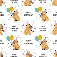 Happy birthday party seamless pattern with cute capybaras. print with funny capybara characters and capy birthday text. Childish cute adorable animals pattern on white background. vector