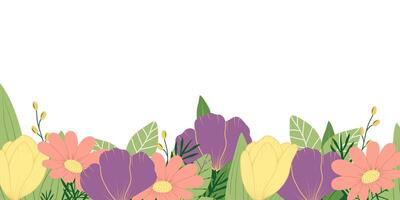 Spring flat floral background. Horizontal banner. Botanical print. vector