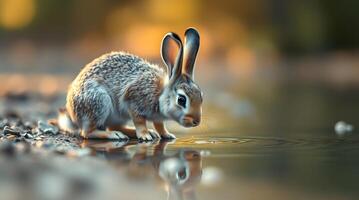 Rabbit Drinking Water From Puddle with Reflection in Blurred Nature Setting photo