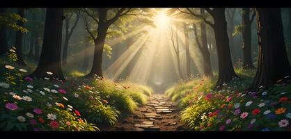 Sunbeams Through Forest Trees with Wildflowers Along a Stone Path photo
