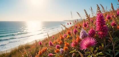 Ocean View with Colorful Wildflowers on Hillside at Sunny Day photo
