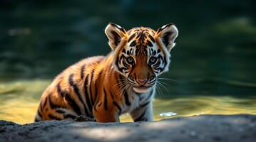 Adorable Tiger Cub Standing in Water Looking at the Camera photo