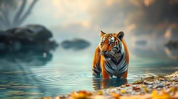 Tiger Standing in Calm Water Near Shoreline with Forest Background photo