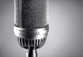 gray background studio condenser olated white microphone isolated silver holder clip equipment photo