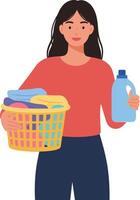 A woman with a laundry basket and detergent bottle, showcasing a flat design style in bright colors, displaying a cheerful attitude in art vector