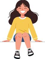 Cheerful girl in a yellow sweater sitting on a ledge, minimal design, smiling with long hair, enjoying a sunny day in art vector