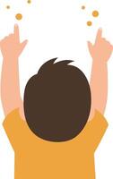 A joyful child raising hands in excitement under floating bubbles in a minimal flat design illustration vector
