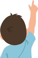 Young child with short brown hair raising one finger towards the sky in a flat illustration showcasing curiosity and wonder in a playful setting vector