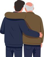 Two men embracing warmly in a flat design style showcasing affection and connection in art vector