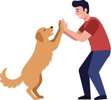 A man playfully engaging with a happy golden retriever in a flat, colorful illustration showcasing friendship and joy vector