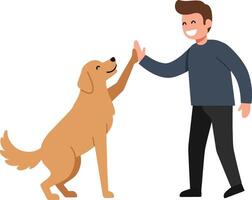 A cheerful man playfully interacting with a golden retriever dog in a flat, minimal style art vector