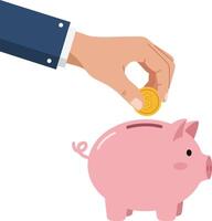 Hand inserting a golden coin into a pink piggy bank in flat art style showcasing savings and financial growth with a cheerful atmosphere vector