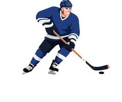 Hockey player in blue uniform skillfully maneuvering puck on ice rink in dynamic flat illustration vector