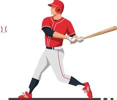 A baseball player in a red jersey swinging a bat with determination in a flat illustration style showcasing action and enthusiasm during a game vector