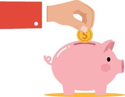 Hand inserting a coin into a pink piggy bank in a flat and minimal illustration representing savings and financial planning vector