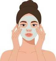 Woman applying a soothing green face mask while enjoying a self-care routine in a minimal flat design illustration vector