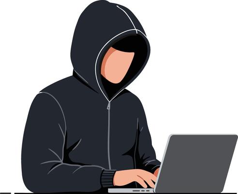 Person in a black hoodie focused on typing on a laptop in a minimal and modern style art