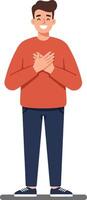 Cheerful young man standing confidently with hands on heart, wearing casual clothing in a flat design style, expressing gratitude and positivity in art vector