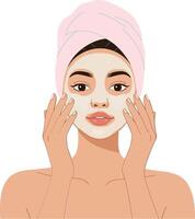 Woman applying facial mask with gentle touch in minimal style illustration showcasing self-care and beauty routine with a relaxed atmosphere vector