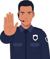 Policeman in dark uniform signaling to stop with a serious expression, flat design art vector