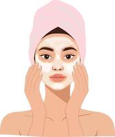 A woman applying face mask with gentle hands while wearing a pink towel, in a minimal flat design illustration promoting skincare and self-care routines vector