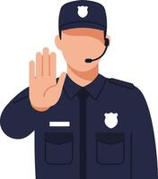 Police officer in navy uniform signaling to stop with raised hand, flat design illustration emphasizing authority and alertness in a professional setting vector