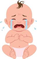 Crying baby with tears in a minimal style, expressing sadness and distress in a colorful illustration vector