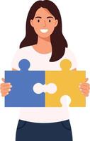A smiling woman holding two colorful puzzle pieces in a flat design style showcasing teamwork and problem-solving in art vector