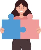 A cheerful woman holding a blue and pink puzzle piece in a flat design style, symbolizing problem-solving and collaboration in art vector
