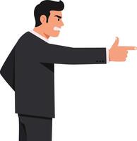 Businessman in a black suit passionately pointing his finger in a flat and minimal design style illustration vector