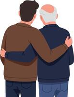 Two men standing close together in a warm embrace, showcasing connection and companionship in a minimal illustration vector