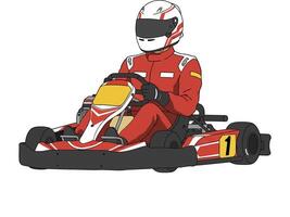 Go-kart racer in red suit speeding around a track in a flat and minimal illustration style showcasing excitement and adrenaline in the scene vector