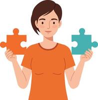 A woman smiling while holding two colorful puzzle pieces in a flat design style, representing problem-solving, creativity, and teamwork in illustration vector