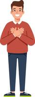 Cheerful young man standing with hands over heart in minimal style, expressing gratitude and warmth, showcasing happiness and positivity in art vector
